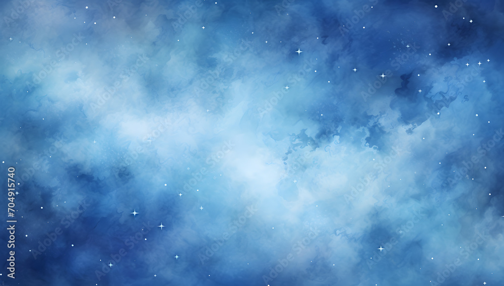 Fototapeta premium Watercolor blue sky color background with clouds and sparkling. Galaxy, universe, blue watercolor background