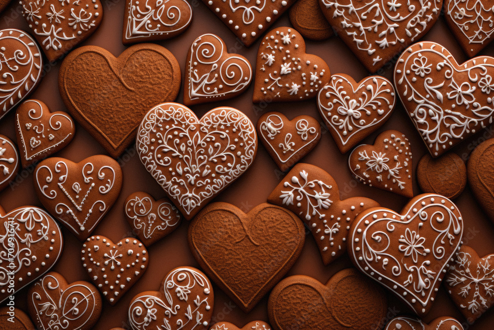Gingerbread hearts in the form of hearts on a brown background. Gingerbread hearts in the form of hearts on a brown background.
