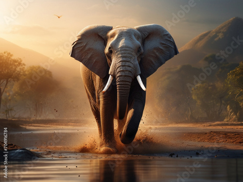 Wild elephants walking in the river and forest