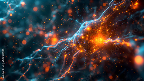 Closeup of active neural networks with glowing synapses and pathways  depicting brain activity