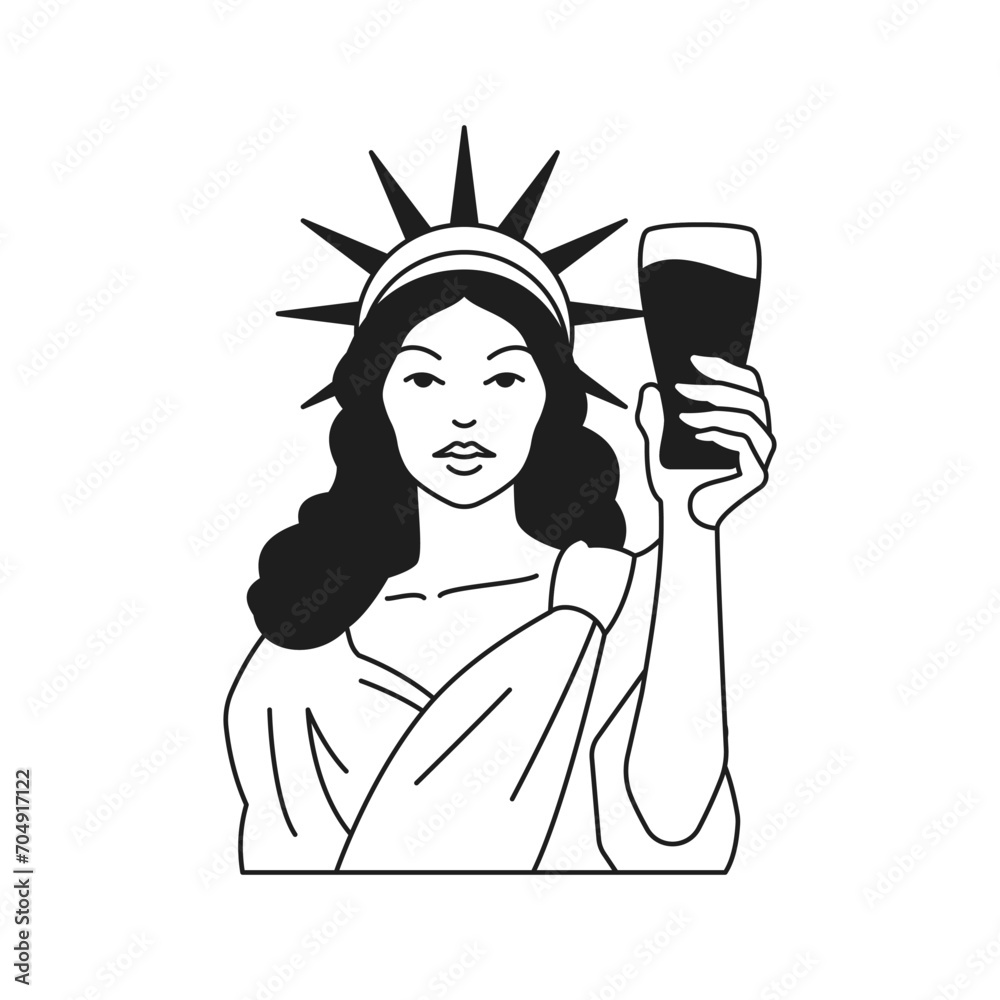 Y2k psychedelic Statue of Liberty with glass of beer monochrome line retro groovy icon vector Y2k psychedelic Statue of Liberty with glass of beer monochrome line retro groovy icon vector