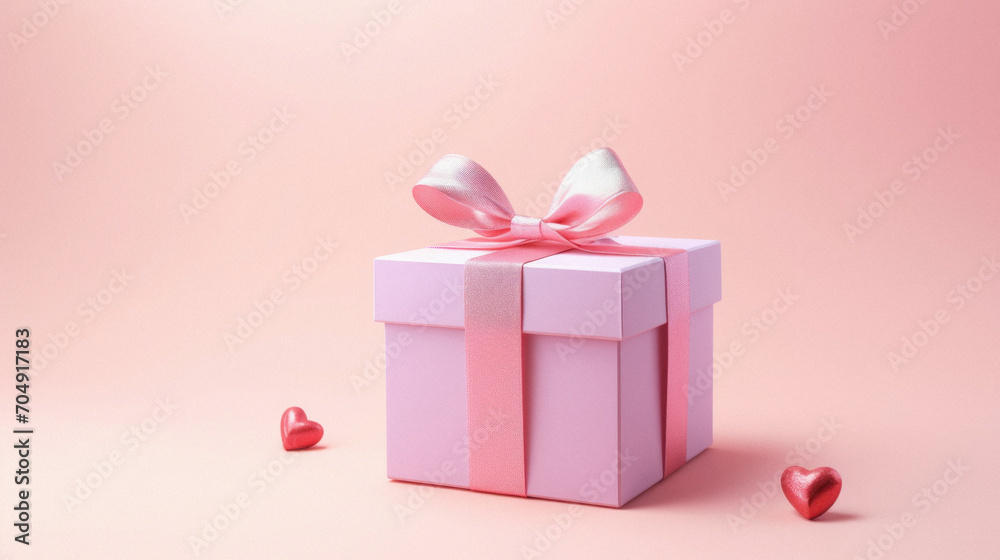 Pink gift box with pink bow and red heart on pink background.