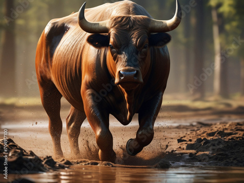 A bull is walking in the mud.