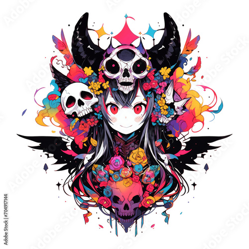 Cute and creepy kawaii chibi game character. Scary horror girl image