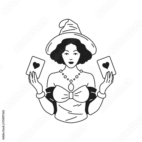 Y2k woman magician with playing card heart love monochrome line retro groovy icon vector