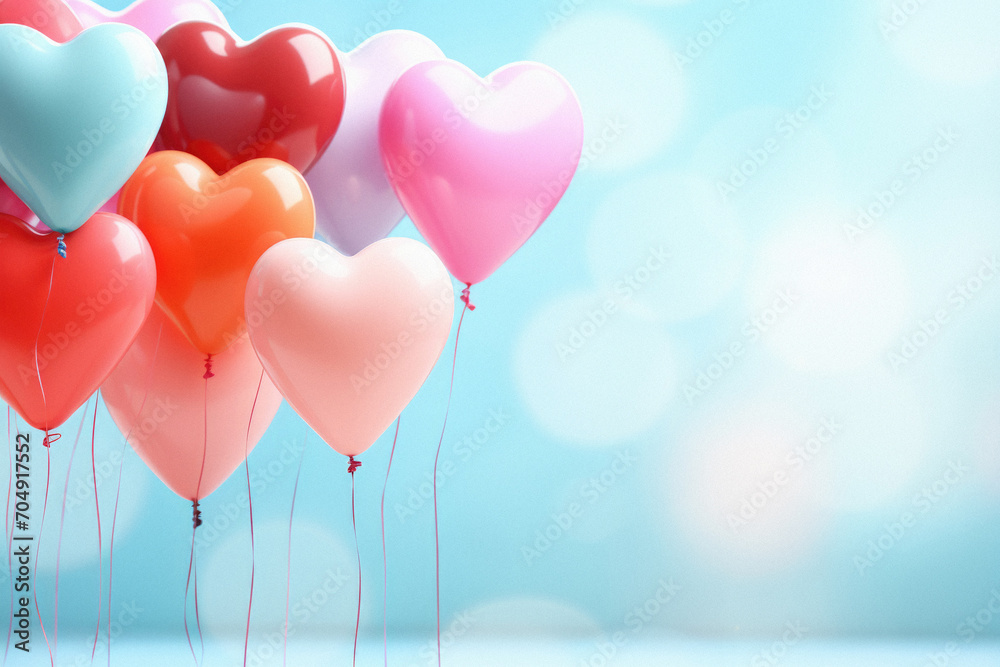 Colorful balloons in shape of heart on blue bokeh background.