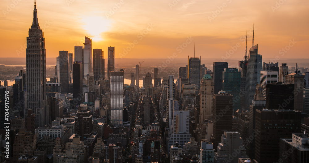 Panorama Around Manhattan in New York City, United States of America. Aerial Photo with Office Buildings, Skyscrapers and Busy Streets on a Sunny Summer Evening