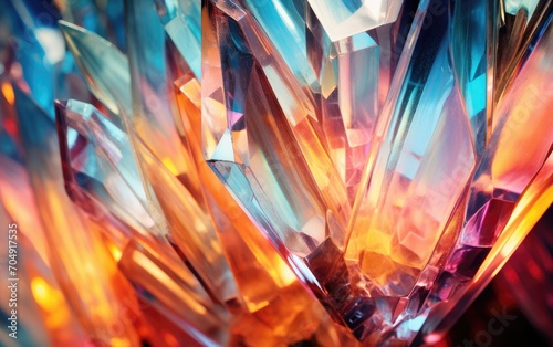 Abstract colorful objects, A crystalline structure refracting light into a dazzling array of spectral colors, Colorful Crystalline Arrangement Creating a Spectacular Play of Light.