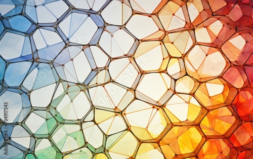 Abstract colorful object, A crystalline lattice of interconnected polygons, each facet radiating a different color.