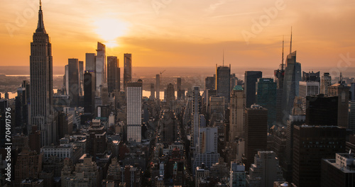 Panorama Around Manhattan in New York City, United States of America. Aerial Photo with Office Buildings, Skyscrapers and Busy Streets on a Sunny Summer Evening