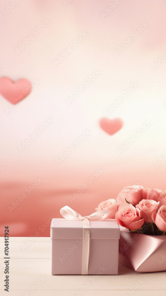 Valentine's day background with pink roses and gift box.