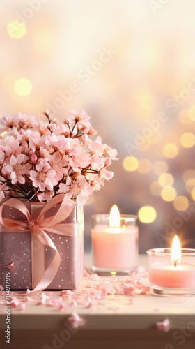Beautiful flowers with gift box and candles on table  on light background.
