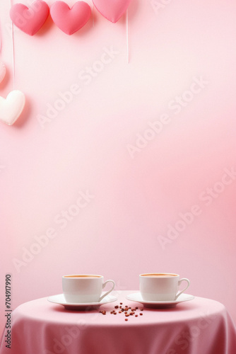 Valentine's day background with two cups of coffee and heart shaped balloons