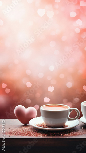 Two cups of coffee with heart shape on bokeh background .