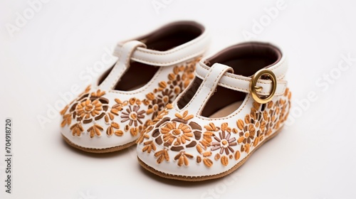 the craftsmanship of baby chapal shoes, capturing their intricate details and unique patterns against a pure white backdrop.