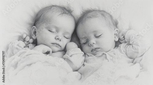 Cute little twin girls just born in black and white.