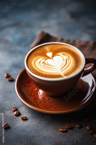 Cup of coffee with latte art on dark stone background.