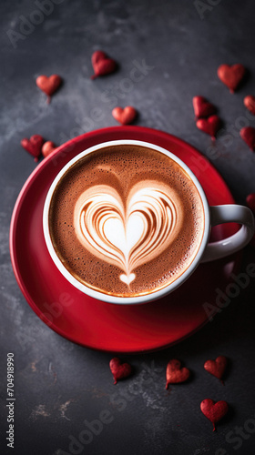 Cup of hot chocolate with heart shape on dark background  closeup.