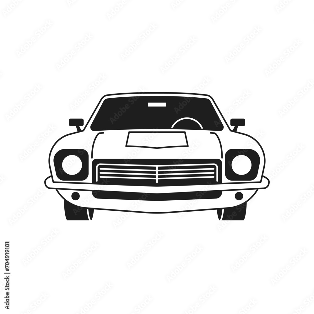 Y2k retro car 70s 80s automobile passenger transportation cartoon monochrome line groovy icon vector