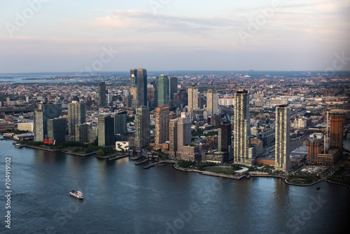 Urban Sunset Scenery with New York City. Historic and Modern Skyscrapers  New Building Under Construction. Aerial View of a Popular American Travel and Business Destination