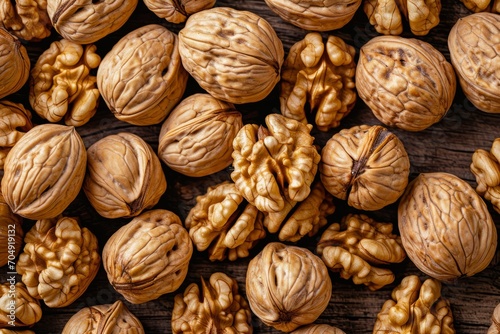 Walnuts background, top view
