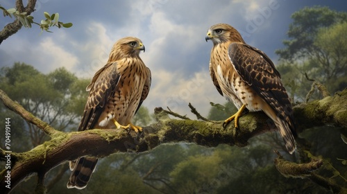 Two regal hawks perched on a tree branch, their sharp eyes scanning the horizon, capturing the essence of vigilance and focus, creating a scene of silent intensity.