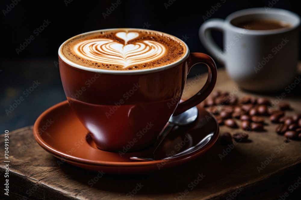 Coffee cup with latte art on wooden table in coffee shop. Coffee cup with latte art on wooden table in coffee shop.