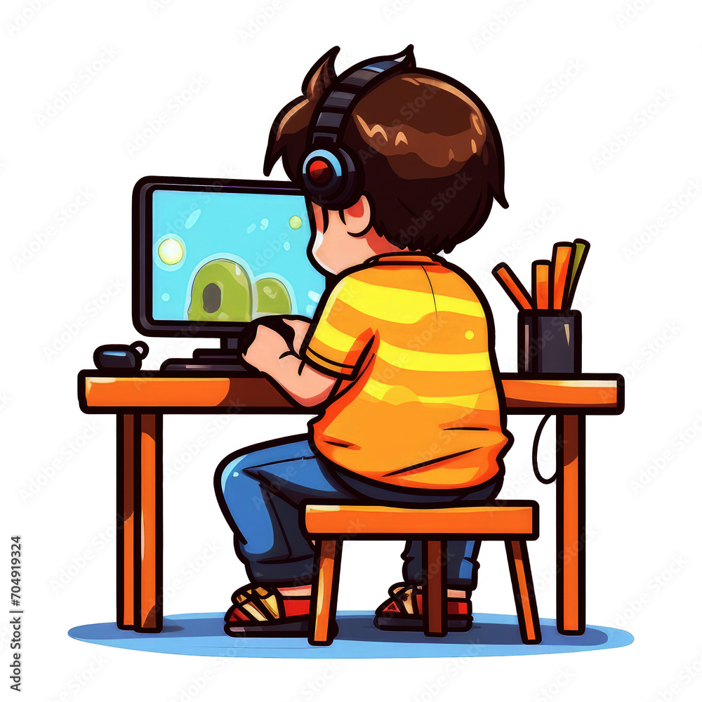 Kid playing komputer with using earphone image. Boy using laptop and earphone Kid playing komputer with using earphone image. Boy using laptop and earphone