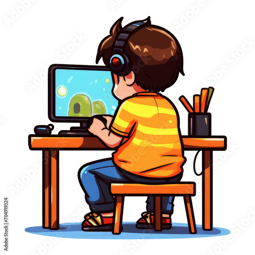 Kid playing komputer with using earphone image. Boy using laptop and earphone