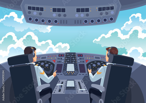 Airplane cockpit pilots. Back view of cabin crew flying airplane. Pilot and copilot inside cockpit during flight. Vector cartoon illustration
