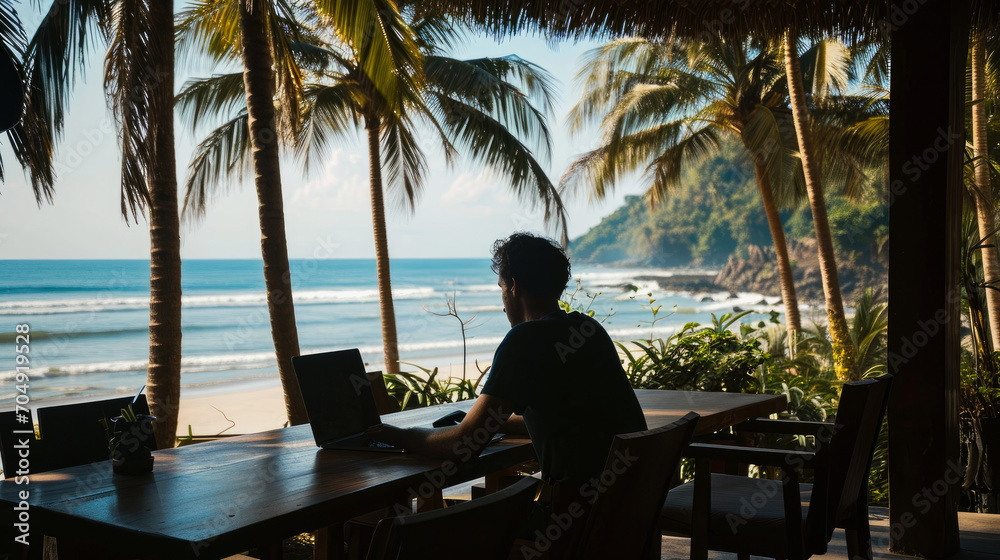 Young digital nomad working at hotel lounge next to beautiful tropical beach. Digital nomad’s lifestyle, Remote job and teleworking concept, Vacation Leave, Travel and work lifestyle.
