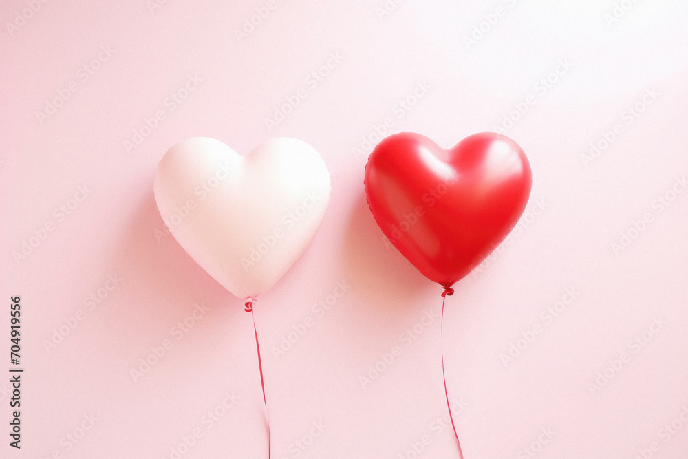 Two red and white heart-shaped balloons on a pink background.
