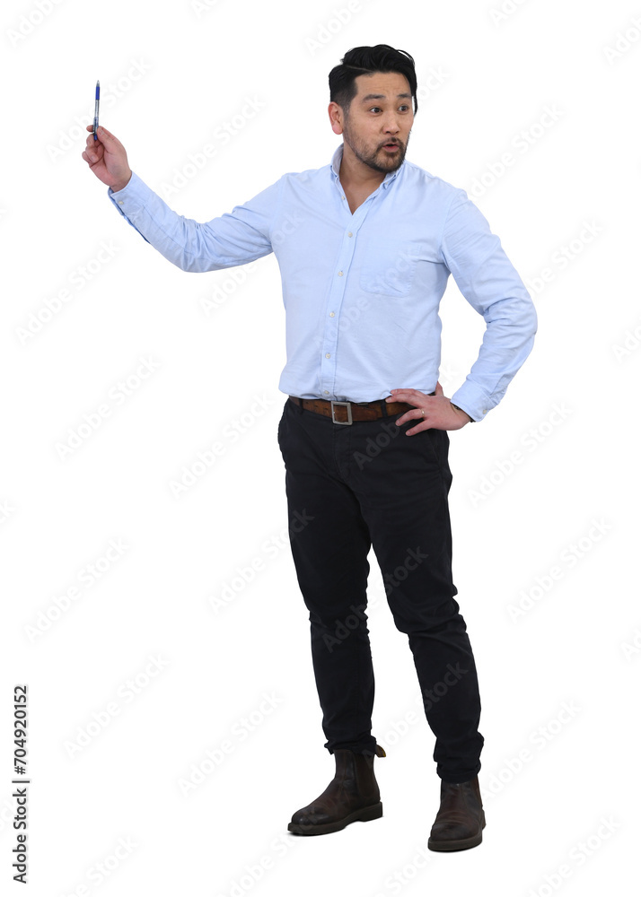 Japanese man standing and making an office presentation or teaching and explaining something on a flip chart, isolated on white background Japanese man standing and making an office presentation or teaching and explaining something on a flip chart, isolated on white background