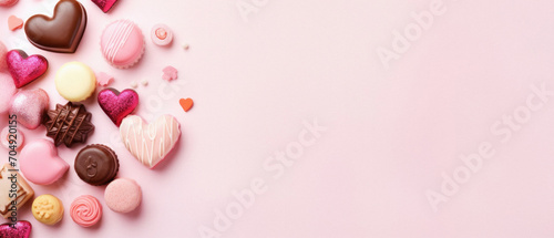 Valentine's day background with assorted chocolate candies on pink background. © Synthetica