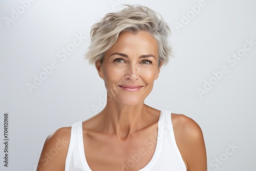 Closeup portrait of beautiful mature woman looking at camera and smiling, against grey background