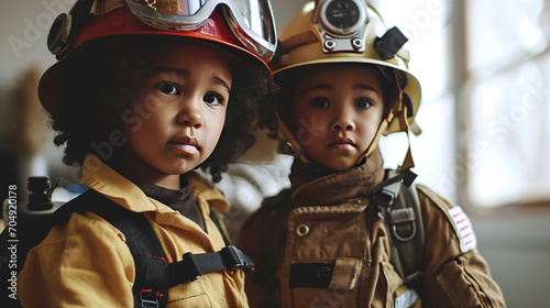 Children play firefighters.