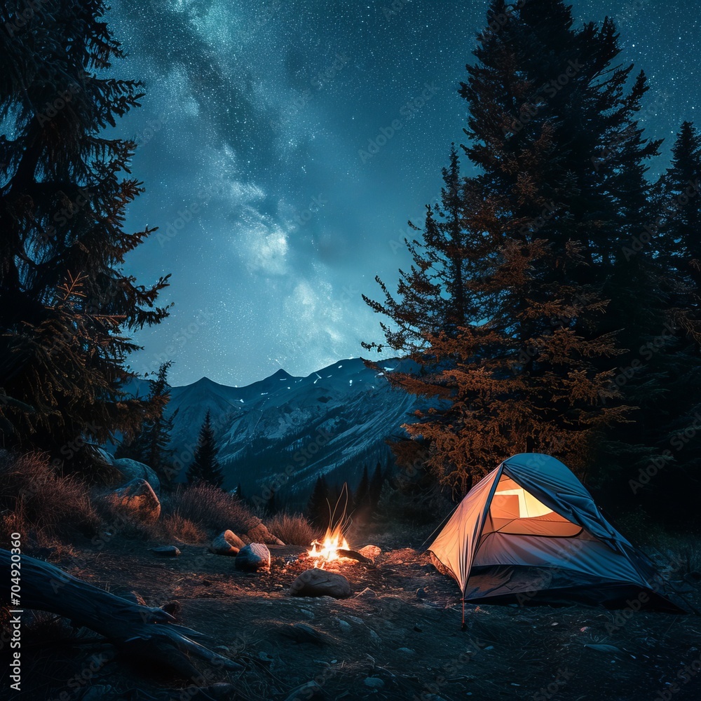 An enchanting night outdoors, as a tent glows softly against the backdrop of an awe-inspiring star-studded sky and the tranquility of the forest.