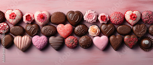 Chocolates in the form of hearts on a pink background.