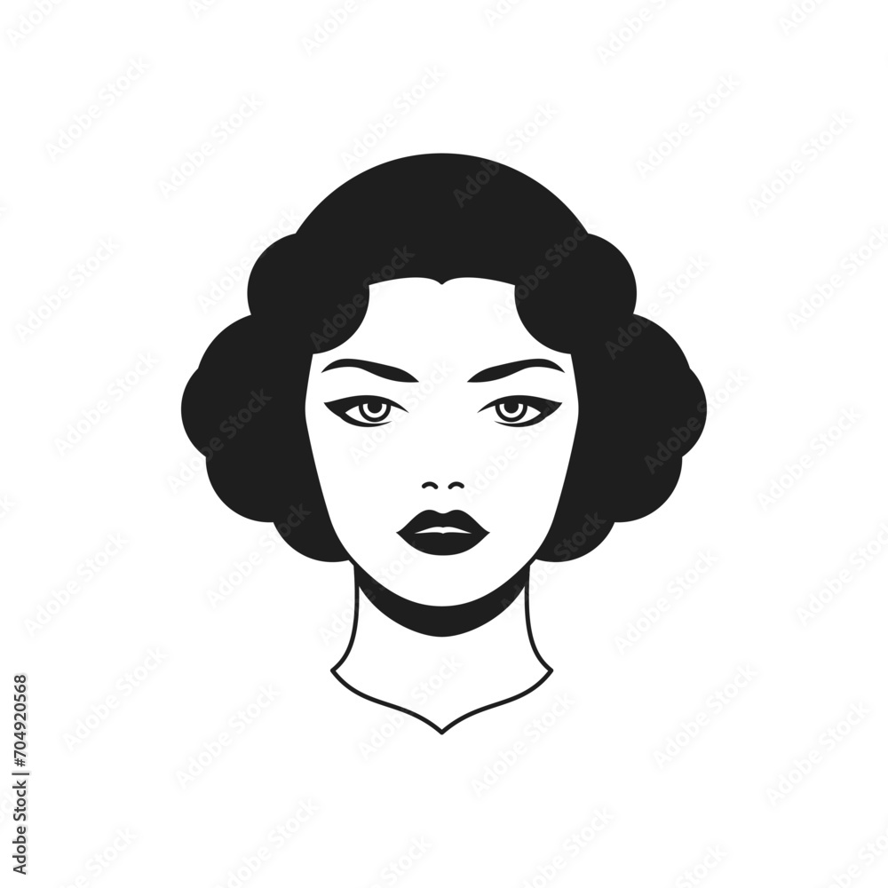 Y2k beautiful woman portrait fashion cartoon character monochrome line retro groovy icon vector