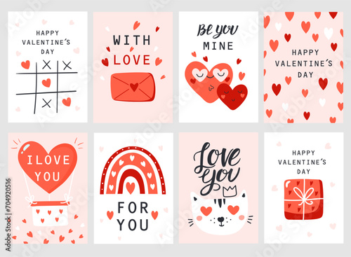 Valentine`s Day card set with hand draw lettering and cute elements. Cards, posters, brochures. Ideal for Valentine`s Day, wedding and birthday. Vector