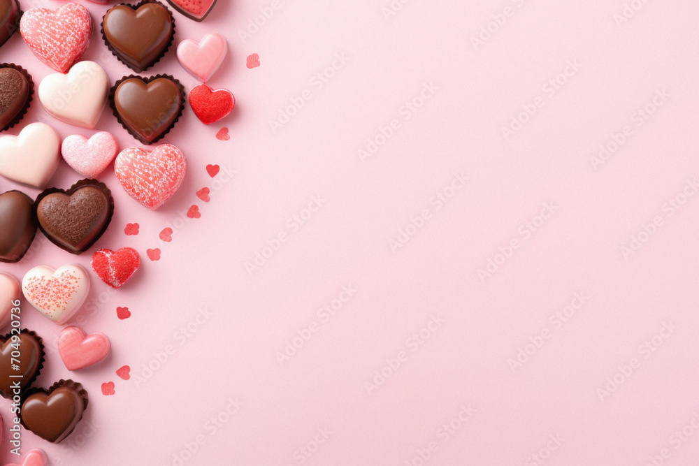 Valentine's day background with heart shaped chocolate candies on pink background. Valentine's day background with heart shaped chocolate candies on pink background.