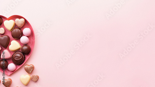 Valentines Day background with heart shaped chocolates on pink background.