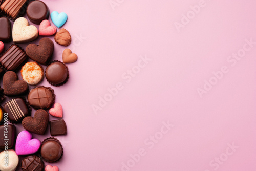 Assorted chocolate candies on pink background. Top view with copy space.