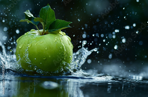 Red apple falling into water with splash and bokeh background.
