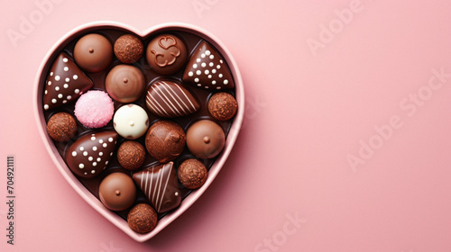 Heart shaped box of chocolates on pink background, top view. © Synthetica