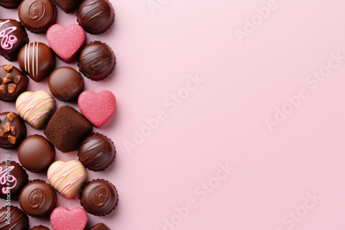 Chocolate candies on pink background, top view. Space for text.