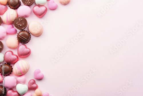 Valentines day background with chocolate candies and hearts on pink.