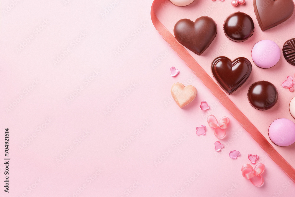 Valentines day background with chocolate hearts and candy on pink background.