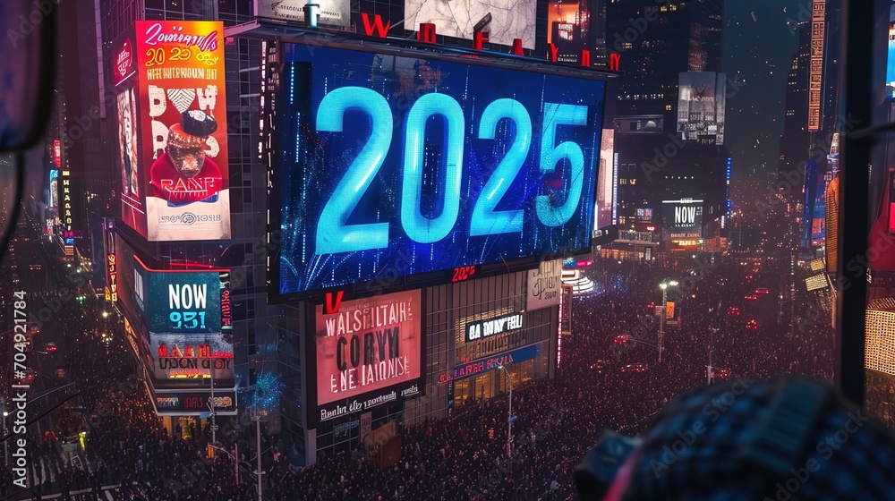 new year concept, 2025 showcase on billboard in new york city, a large size of text in neon effect, generative ai