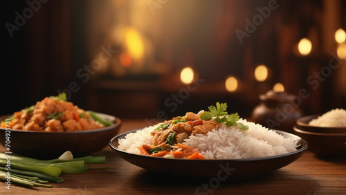  Rice Thai food against the warm backdrop of a polished wooden table from fragrant jasmine rice to savory curries, capture the side view that highlights the presentation and richness of each dish